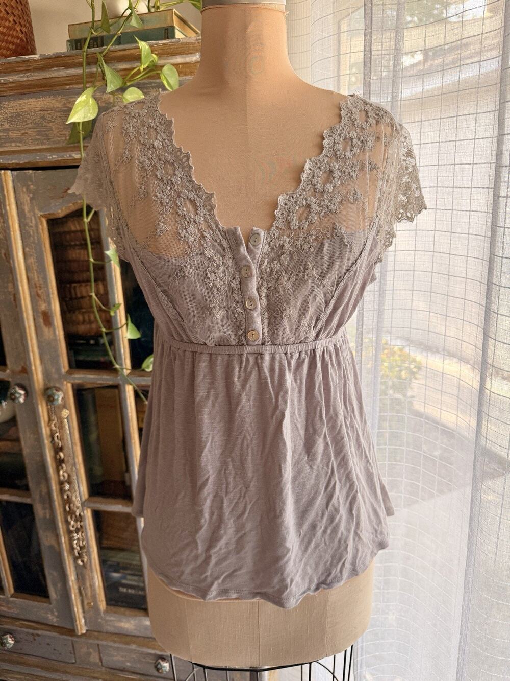 Vintage Y2K Babydoll Top Gray Sheer Lace Mesh Trim Bella Swan Coquette Sz M